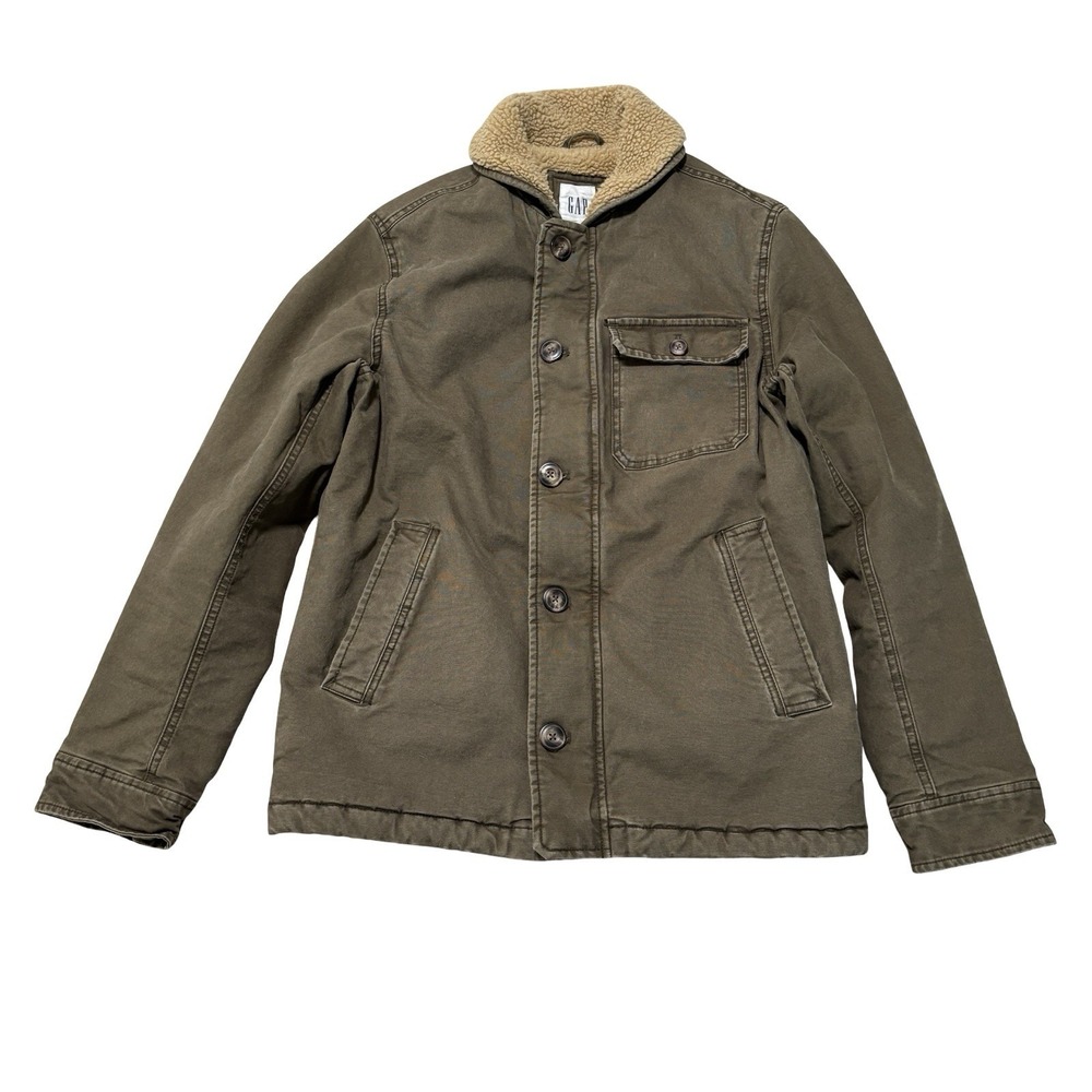 Gap Men's Sherpa Lined Cotton Canvas Deck Jacket Olive Green Size Small 20 x 27